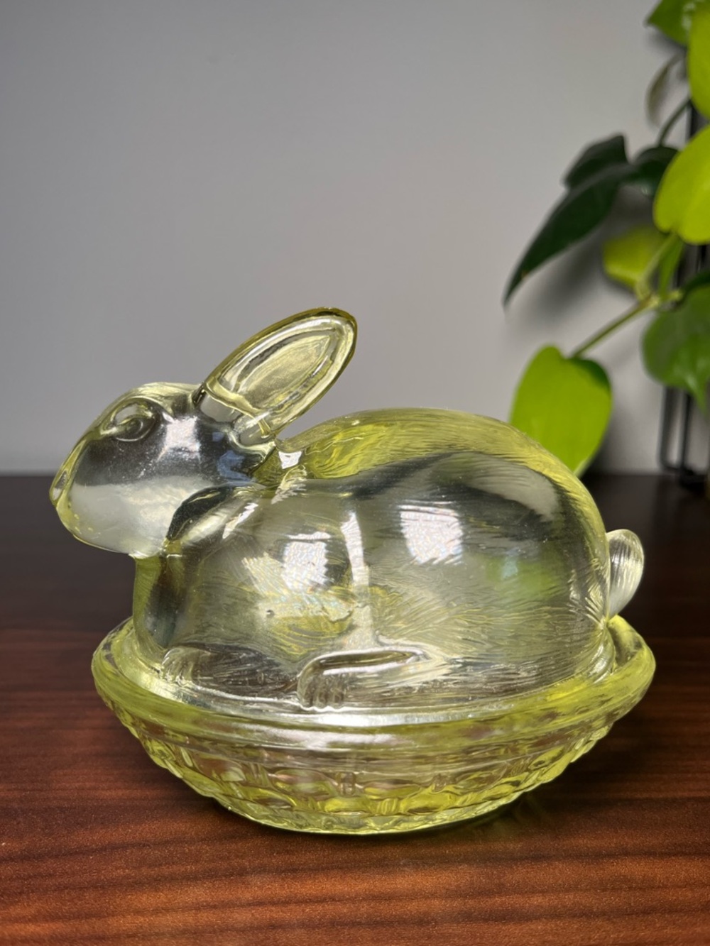 Vintage bunny on the nest basket candy dish. Probably manganese glass.